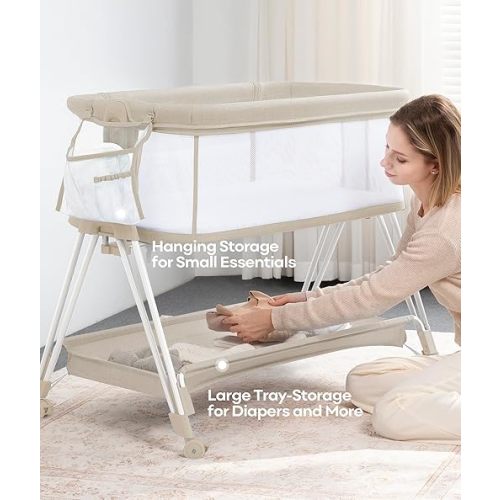 Bedside Bassinet for Baby, 4-Side Mesh Bassinet Bedside Sleeper with Wheels and Storage Tray,7 Height Adjustable Bedside Crib for Newborn/Infant, Beige,Mattress Included