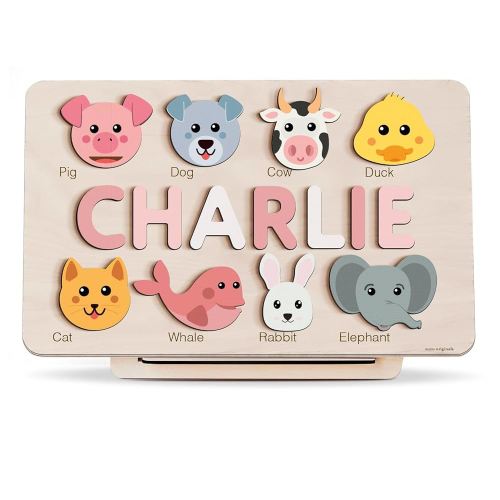 Animals Wooden Name Puzzle | Busy Board Puzzle | Toddler Toys | Baby Girl Gifts | Gift for Kids | Baby First Easter Present | Birthday Gift
