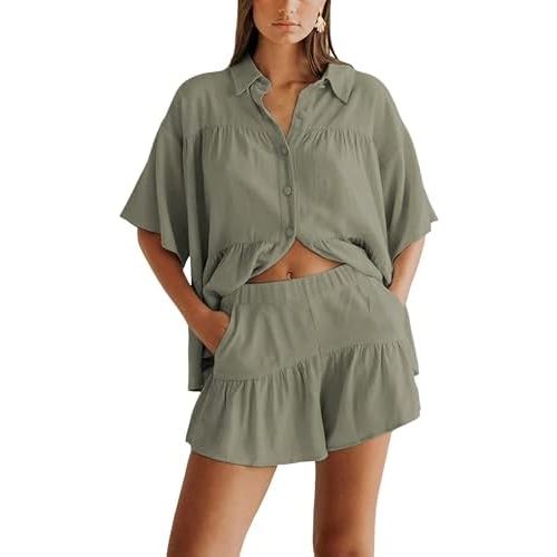 Qiaomai Womens 2 Piece Outfits Summer Ruffled Shirt and High Waist Shorts Matching Set