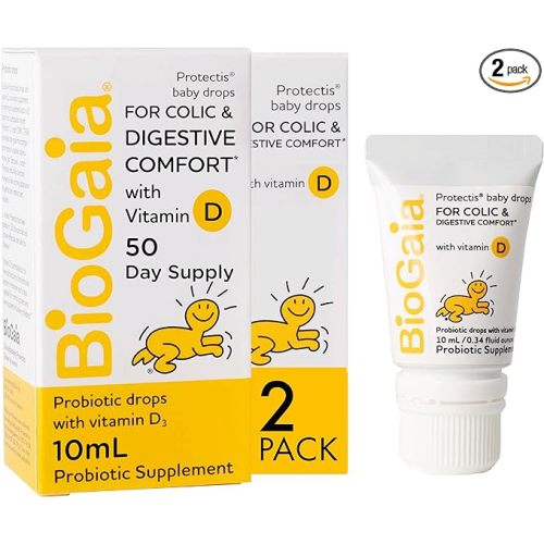 BioGaia Baby Probiotic Drops - Colic & Gas Relief + Vitamin D, 50-Day Supply, Safe for Newborns, Reduces Crying, Fussing, Colic, Gas, Spit-ups & Constipation, No allergens, Dairy or Soy (Pack of 2)