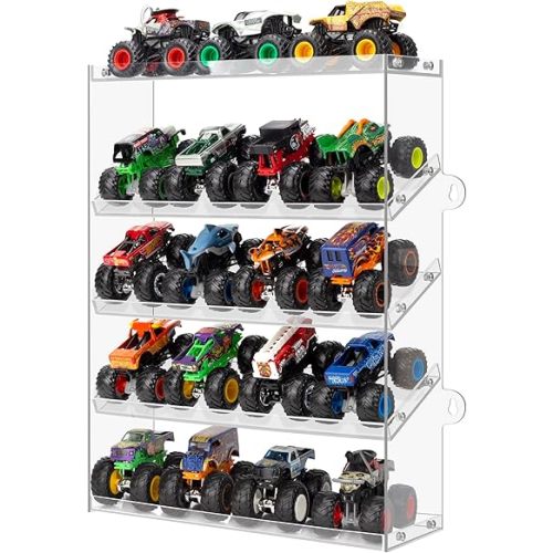 Assembly Monster Trucks Display Case Holding for 20 Monster Trucks Acrylic Storage Case 5 Tiers Monster Trucks Organizer with Tilted Design, Display Case for Toy Trucks (Transparent)