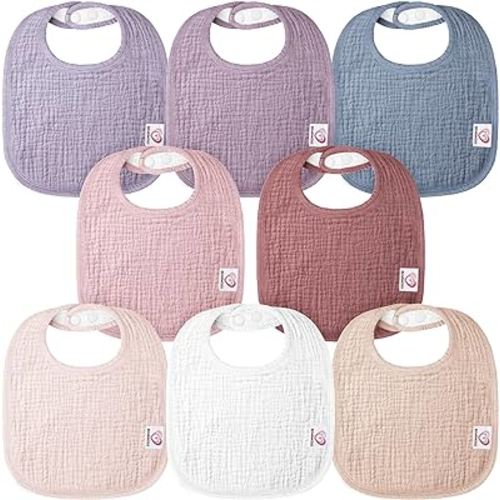Bearmoss Muslin Baby Drooling Bibs 8 Pack, 100% Cotton Square Adjustable Bandana Bibs Gift for Baby Girls Boys Teething Drool (Summer Berry)
