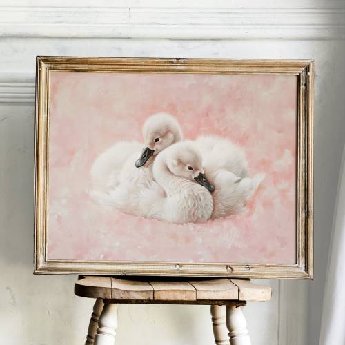 blush pink 2 baby swan cygnets painting vintage nursery Printable wall art Painting cute Coquette girly sisters print Granddaughters room