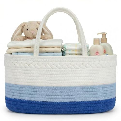 luxury little Diaper Caddy Organizer, Large Cotton Rope Nursery Baby Basket, Changing Table Organizer for Baby Diaper Storage, Portable Car Organizer Removable Divider (Gradient Brown, Large)