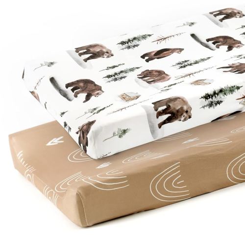 GRSSDER Stretch Ultra Soft Jersey Knit Changing Pad Covers Set 2 Pack, Change Table Pad Covers Fit 32"/34" x 16" Pads Safe and Snug, Jungle Bear/Rainbow for Baby