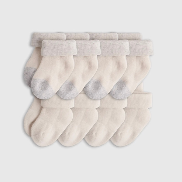 Organic Cotton Fold Over Socks 8-Pack - Baby in White/Grey