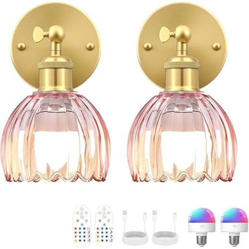 Vintage Battery Operated Wall Sconce, Pink Tulip Glass Lampshade Wireless Rechargeable Battery Powered LED Wall Light with Remote Dimmable for Bedside Bedroom Doorway Living Room, Set of 2