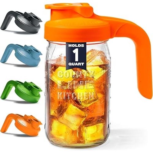 County Line Kitchen Glass Mason Jar Pitcher with Lid - Wide Mouth, 2 Quart (64 oz) - Heavy Duty, Leak Proof - Sun & Iced Tea Pitcher, Cold Brew Coffee, Breast Milk Storage, Water - Sunrise Orange
