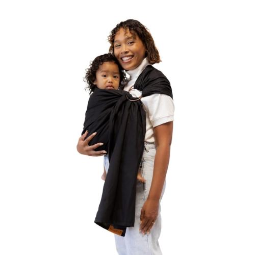 WildBird - Ring Sling Baby Carrier - Newborn to Up to 35 lbs - for Moms, Dads & Caregivers - 100% Natural Belgian Linen Fibers - Versatile & Adjustable - 74” Size - Raven Fabric & Rose Gold Ring