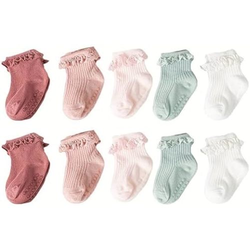 5 Pairs Toddler Anti Slip Non Skid Socks Baby Little Girls Lace Flower Stripe Crew Socks