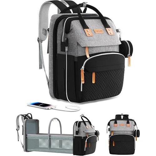 Diaper Bag Backpack with Changing Station, Multifunctional Diaper Bag, Extra Large Capacity, Baby Bag, GreyBlack