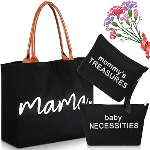 Sanwuta 3 Pcs Mommy Bag for Hospital Diaper Bag Tote Mom Hospital Bag for Labor and Delivery Black Canvas Tote Bag Pouch Mom Diaper Bag for Mother's Day Gift