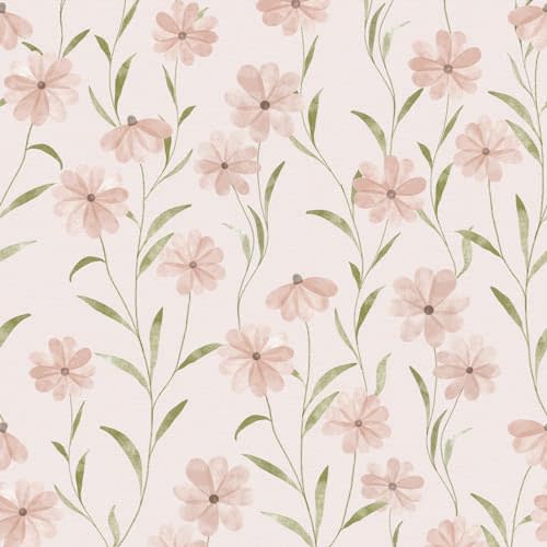 JiffDiff Floral Wallpaper Peel and Stick Pink Daisy Wall Paper Summer Flowers Nursey Room Contact Paper Stick on Wall Decor (118" X 17.7", Pink Floral)