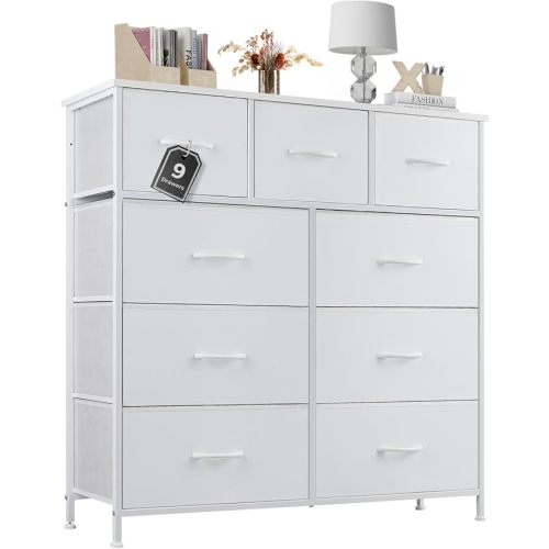 Sweetcrispy Dresser for Bedroom with 9 Storage Drawers, Large Fabric Storage Tower Organizer, Chest of Drawers with Metal Frame Wooden Top for Closet, Living Room, Entryway, White