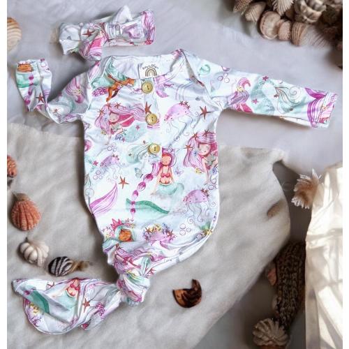 Mermaids  newborn knotted gown and bow set