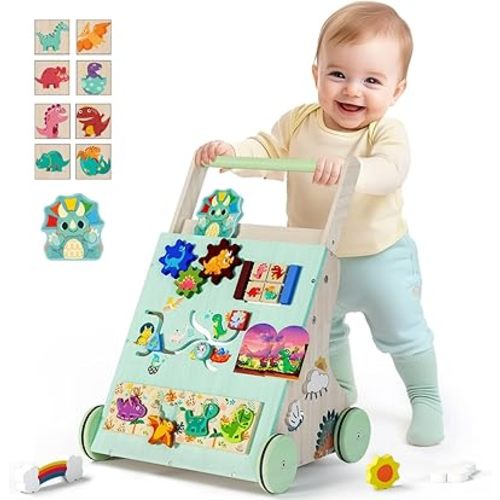 Wooden Baby Walker, Dinosaur Toddler Push Walker, Montessori Learning Activity Center for Boys Girls, Develops Motor Skills Sit-to-Stand Toys Multifunctional Educational Gifts for Kids Infant