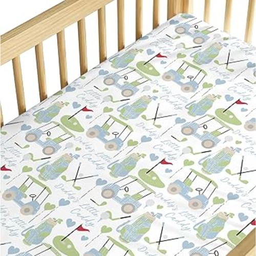 Baby Boys Standard Crib Sheet Blue Gingham Golfing, Cute Golf Daddy's Little Caddy Snug Fitted Mattress Covers, Soft Stretchy Breathable Nursery Kids Toddler Bed Decor Shower Gift 52 x 28