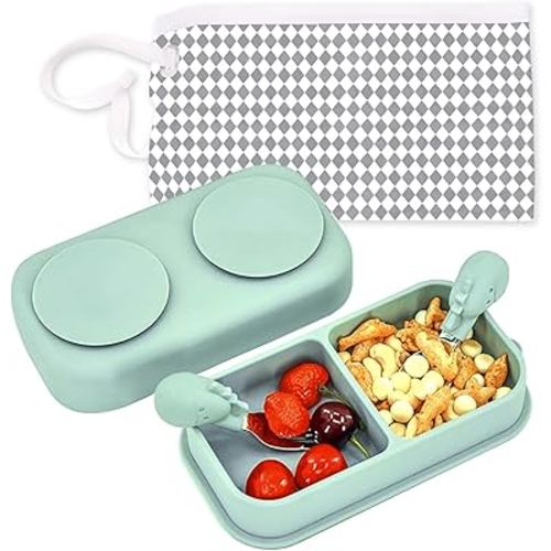 5PCS Travel Suction Plate for Baby, Portable Silicone Suction Plate to Go,Baby Divided Bowls Feeding Set with Travel Bag for Toddler Baby Plate(Sage Green)