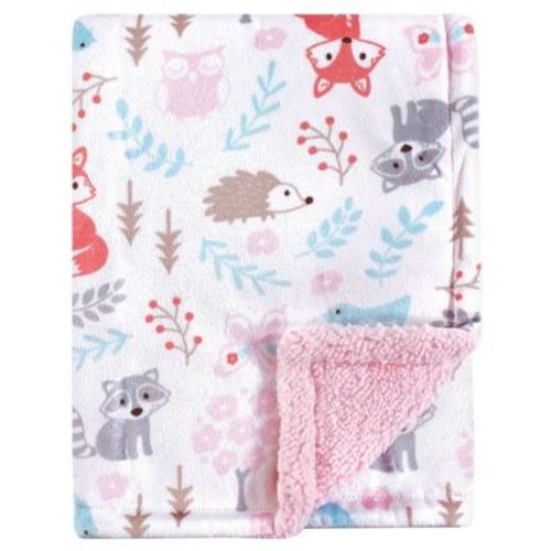 Hudson Baby Infant Girl Plush Blanket With Faux Shearling Back, Girl Woodland, One Size