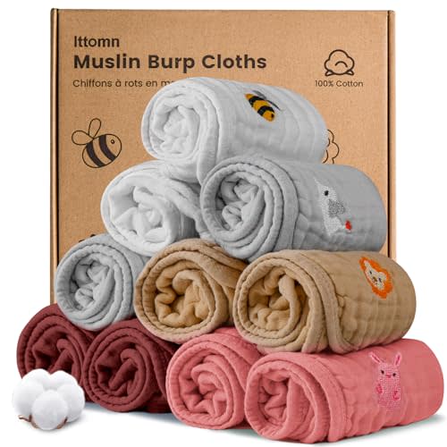 lttomn Muslin Burp Cloths 10 Pack,100% Cotton Baby Burping Clothes,Newborn Essential Must-Have Baby Registry,6 Layers Cotton Soft Washcloths,Multi-Colors Face Towels 20"x11"Large (Girls)
