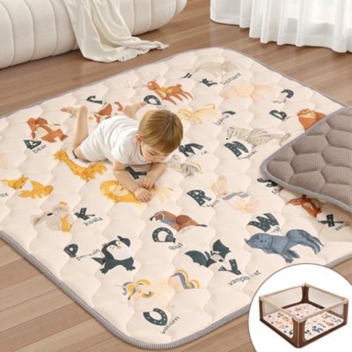 Baby Play Mat, Caveen Thicken Soft Cotton Baby Playmats, Foldable Anti-Slip Floor Crawling Playmat Playpen Mat for Infants and Toddlers, 50"x50", Beige