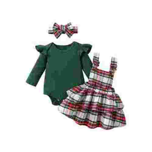 Baby Girl Fall Outfits Ribbed Long Sleeve Romper Plaid Shoulder Strap Dress Headband 3Pcs Toddler Christmas Clothes