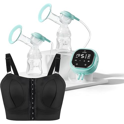 Zomee Z2 Double Electric Breast Pump - Shabbat Mode Edition - Portable, Hands Free Pumping Hospital Grade Wearable Breast Pump Including; Black Bamboo Pumping Bra (Medium)