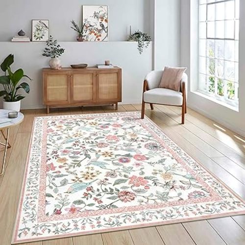Floral Washable 5x7 Area Rug, Soft Non-Slip Pink Rugs for Girls Bedroom Low Pile Flower Birds Living Room Rug, Non-Shedding Botanical Indoor Carpet for Nursery Playroom Dining Room