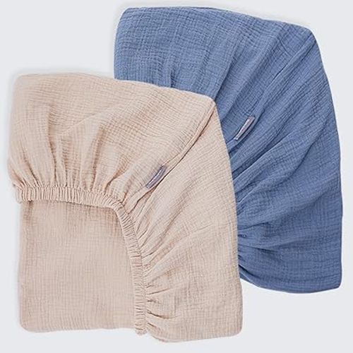 Muslin Crib Sheets for Boys Girls Rutiwa Organic Cotton Crib Sheets Neutral 2 Pack Soft Breathable Baby Mattress Sheets Fit Standard Crib & Toddler Bed Mattress 28"x52"(Denim Blue/New Camel)