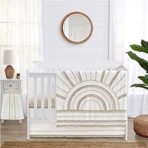 Sweet Jojo Designs Ivory Boho Chic Sun Boy Girl Baby Crib Bedding Set Infant Nursery Room Blanket Fitted Sheet Skirt Diaper Stacker 4pc Cotton Bohemian Shabby Gender Neutral Modern Beige Tufted Fringe