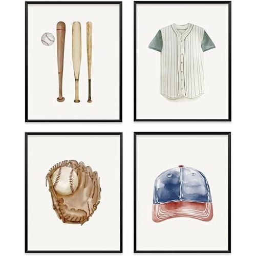 VONTP Baseball Wall Art Decor, Baseball Decor for Boys Room, Sports Nursery Prints Poster Wall Decorations for Kids Boys Nursery Bedroom Playroom Sports Room, 8x10 Inch Set of 4 (Unframed)
