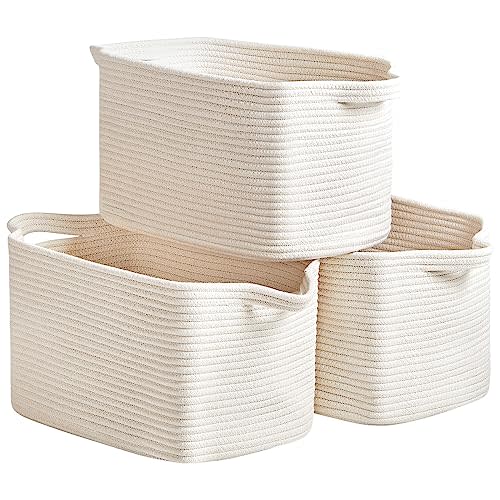 R RUNKA Cotton Rope Basket Set of 3 (15"x10.2"x9.1") - Rectangle Storage Bins - Versatile Toy Storage Organizer - Perfect for Kids, Dog Toys, Books, Shelves - White