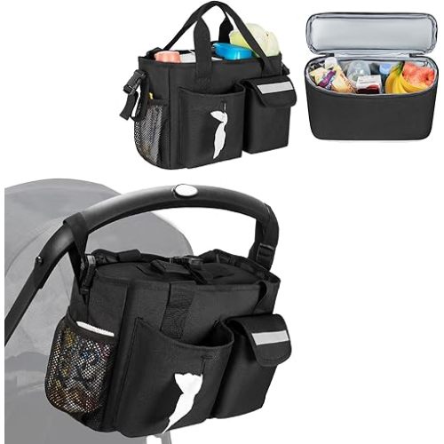 Universal Stroller Organizer with Cooler, Wagon Storage Attachment Fits for Handlebars Distance 14”-22”, with 2 Side Buckle Strap & Back Magic Tape Loops, Easy Carrying Handle Strap, Black