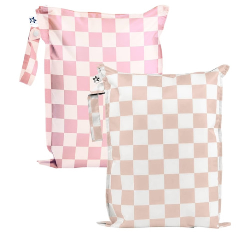 Tiny Twinkle Mess-Proof Waterproof Wet Dry Bag | 2-Pack Reusable Wet Bags for Swimsuits & Baby Clothes | Leakproof Wet Bag for Travel & Diaper Changes for Baby (Pink, Brown Checkers)