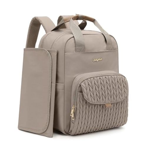 Extra Large Diaper Bag Backpack for Two Kids Twins - Expandable (26-36L) Baby Bag for Mom Girls Boys, Dual Big Compartments - Includes Changing Pad & Stroller Straps, Khaki, Quilted