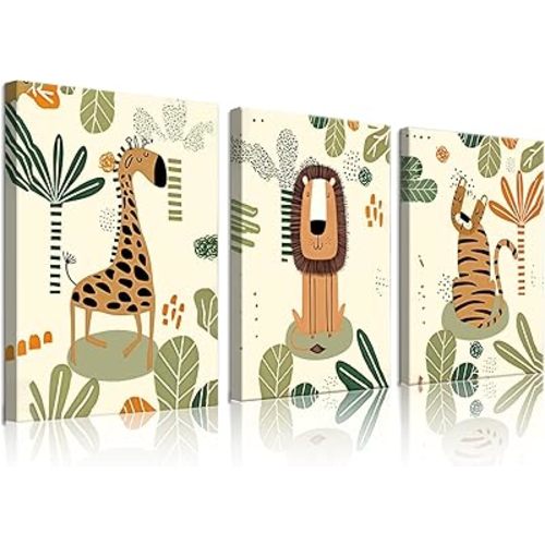 Framed Safari Animals Canvas Wall Art Prints,Baby Safari Nursery Wall Decor,Boho Animal Wall Art,Jungle Theme Lion Giraffe Tiger Art Prints,Kids Room Wall Decor for Classroom Decorations-16"x12"x3