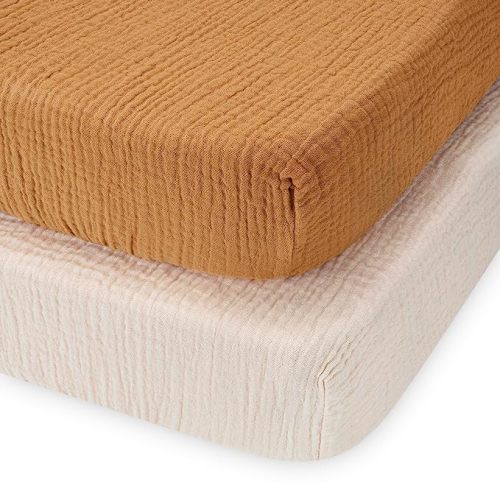 Muslin Pack N Play Sheets Fitted for Pack and Play Mattress and Mini Cribs, Muslin Cotton for Natural Comfort Fitted Baby Boys and Girls, Boho Baby Nursery Design, 2 Pack (Retro Yellow&Beige) - Retro Yellow & Beige - Pack N Play Sheets 2 Pack