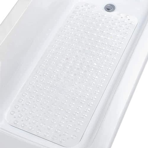 Topotdor Baby Bath Mat for Tub for Kids, 40 X 16 Inch Extra Long Toddler Bathtub Mat Non Slip, Machine Washable Bathroom Shower Floor Mat with Suction Cups & Drain Holes, Clear