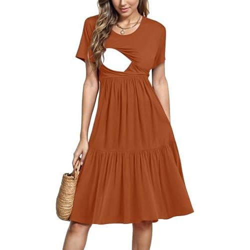 PARNIXS Women's Summer Nursing Dress Short Sleeve Maternity Knee Length Breastfeeding Dress