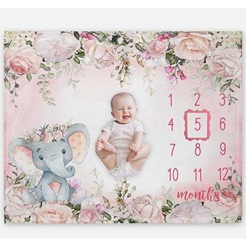 Yuzioey Baby Girl Monthly Milestone Blanket, Floral Elephant Month Blanket for Newborn Baby Shower, Pink Elephant Girl Flower Blanket Growth Chart Monthly Blanket, Includes Marker (50x40)