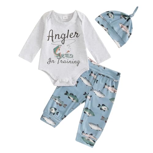 Newborn Baby Boy 3Pcs Outfit Fish Print Long Sleeve Romper and Pants Set with Hat Fall Winter Clothes