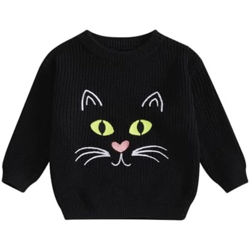 Baby Boy Girl Halloween Clothes Sweater Cat Long Sleeve Crewneck Knit Sweatshirt Toddler Pullover Halloween Outfit