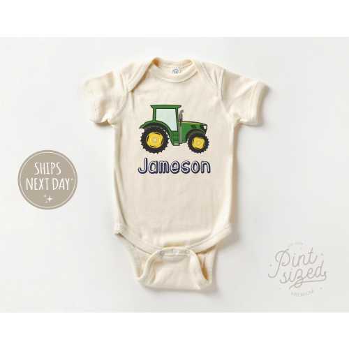Personalized Tractor Baby Bodysuit - Trendy Farm Baby Boy Bodysuit - Custom Name Baby Boy Bodysuit