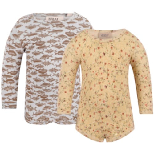 Fish and Flowers Print All Over Long-Sleeved Organic Bodysuits Set in Dusty Blue and Yellow