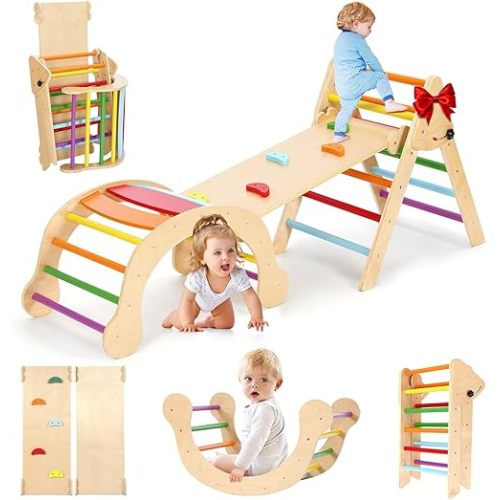YOLEO 7-in-1 Pikler Triangle Set, Montessori Toddler Climbing Toys Indoor, Easy-Fold Pikler Climbing Set for Early Education, Fun Baby Climbing Gym and Jungle Gyms Indoor Playground for Kids 1-3