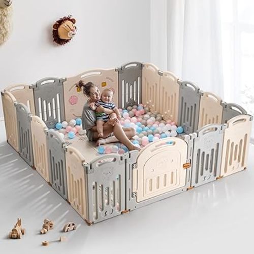 UANLAUO Baby Fence, Foldable Playpen, 18 Panel Extra Large Playpen for Babies Toddlers Infant, Safety Material Portable Play Yards with Gate, NO Gaps Play Area Indoor Outdoor Use, Grey+Cream