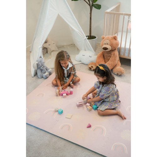 Foam Play Mat for Baby, Toddlers, and Kids, Tummy Time Mat, Interlocking Puzzle Tiles, EVA Foam, 72x48 Inches In Pink, Rainbows