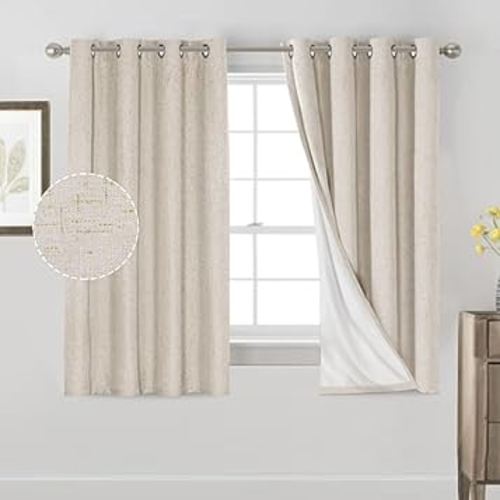 PrinceDeco Primitive Textured Linen 100% Blackout Curtains for Bedroom/Living Room Energy Saving Window Treatment Curtain Drapes, Burlap Fabric with White Thermal Insulated Liner (52 x 63in, Natural)