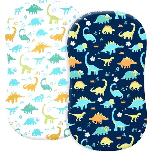 PHF Soft Bassinet Sheet Set, 2 Pack Silky Comfy Breathable Cradle Sheets for Baby Boys Girls, Univeral Fit for Most Oval Rectangle Cradle and Bassinet Mattress/Pad, Dinosaur