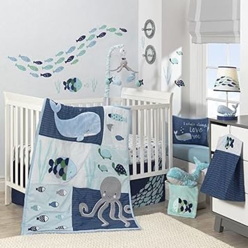 Lambs & Ivy Oceania 6-Piece Baby Crib Bedding Set - Blue Ocean, Nautical, Aquatic, Whale, Octopus Theme